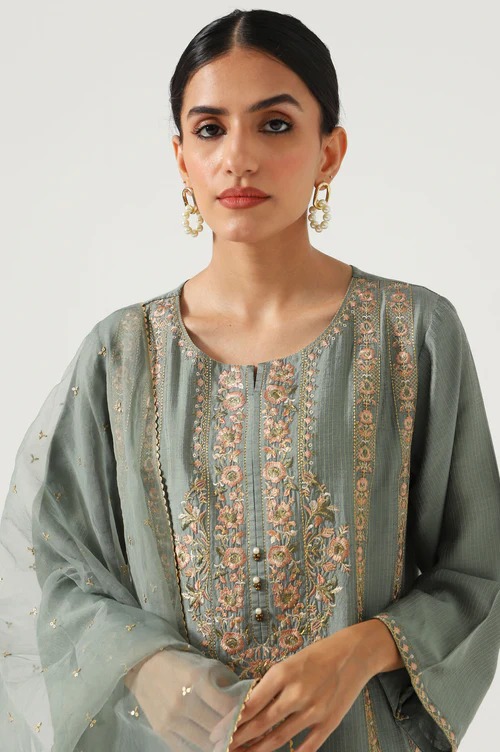 Stitched 3 Piece Cotton Silk Embroidered Suit